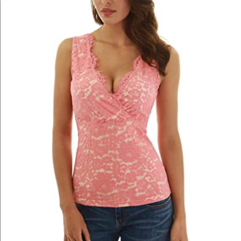 Coral V Neck Floral Lace Blouse - Picture 9 of 9